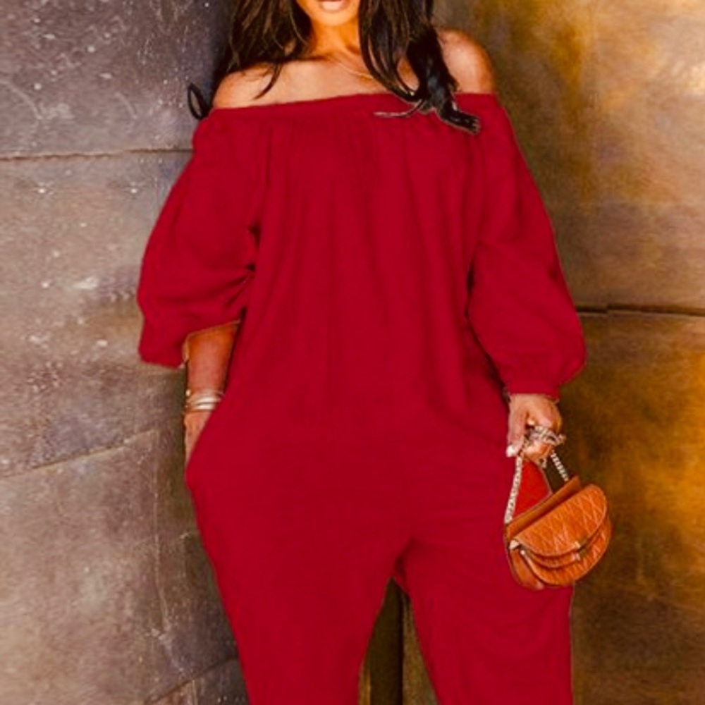NEW; Red, Oversized, Chic, Off the Shoulder Jumpsuit. Hot!!